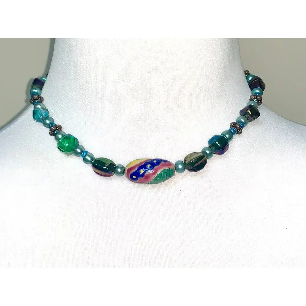 Boho Colorful Painted Iridescent Glass Beaded Choker Statement Necklace